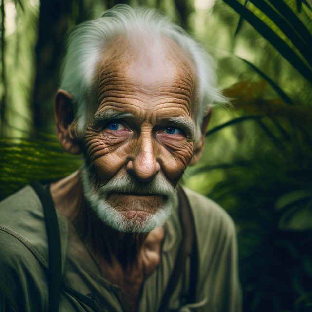 photo of an old man in a jungle, looking at�the�camera